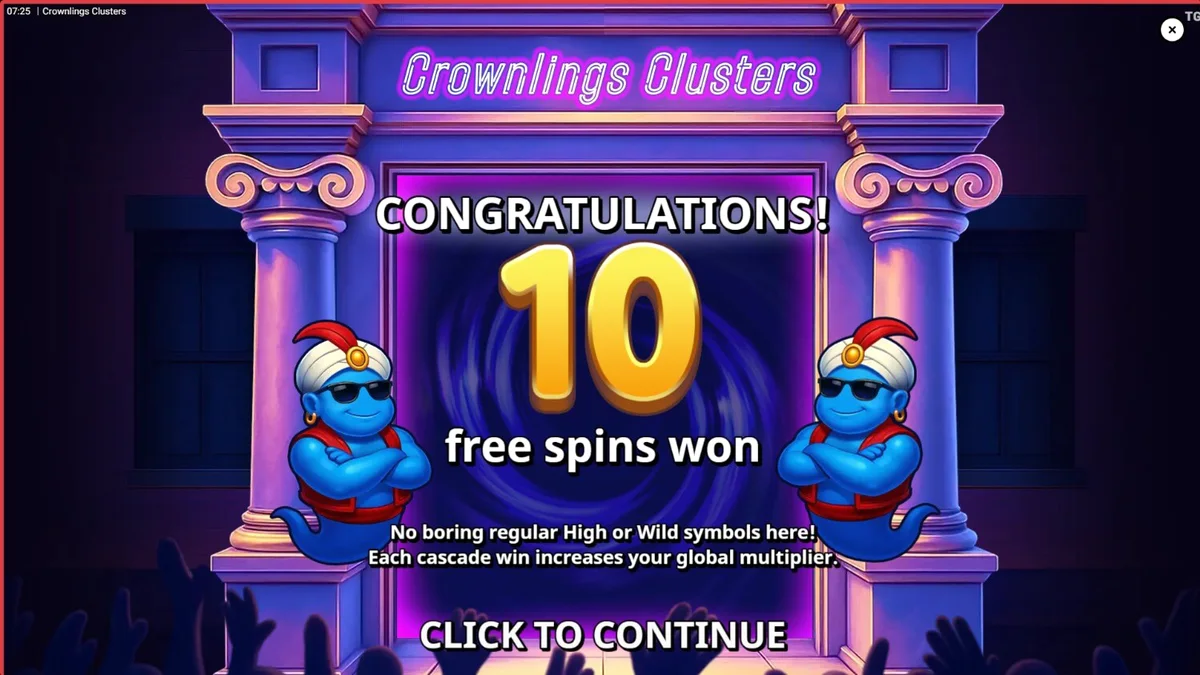 Cena vibrante e colorida do jogo de slot Crownlings Clusters com criaturas blobby e elementos neon.